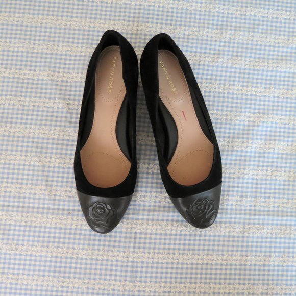 Taryn Rose Shoes - Taryn Rose Black Suede Rose Low Wedges 9.5